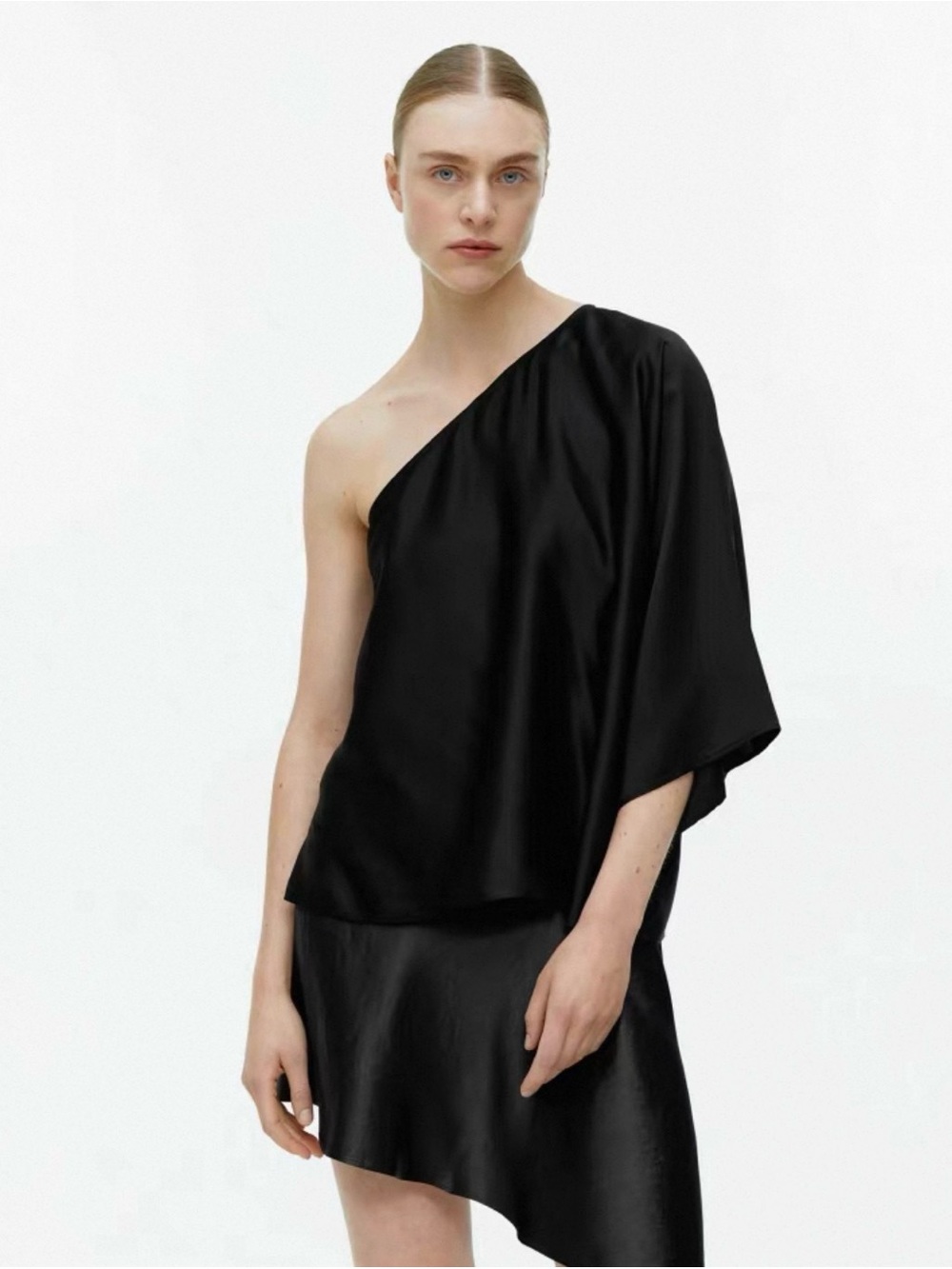 Arket One-Shoulder Black Satin Top